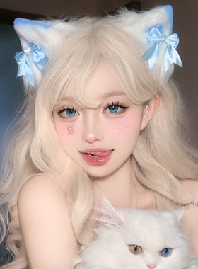 甜美蓝色蝴蝶结毛绒猫耳发夹可爱cos漫展Lolita发饰角色扮演头饰