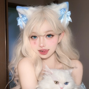 甜美蓝色蝴蝶结毛绒猫耳发夹可爱cos漫展Lolita发饰角色扮演头饰