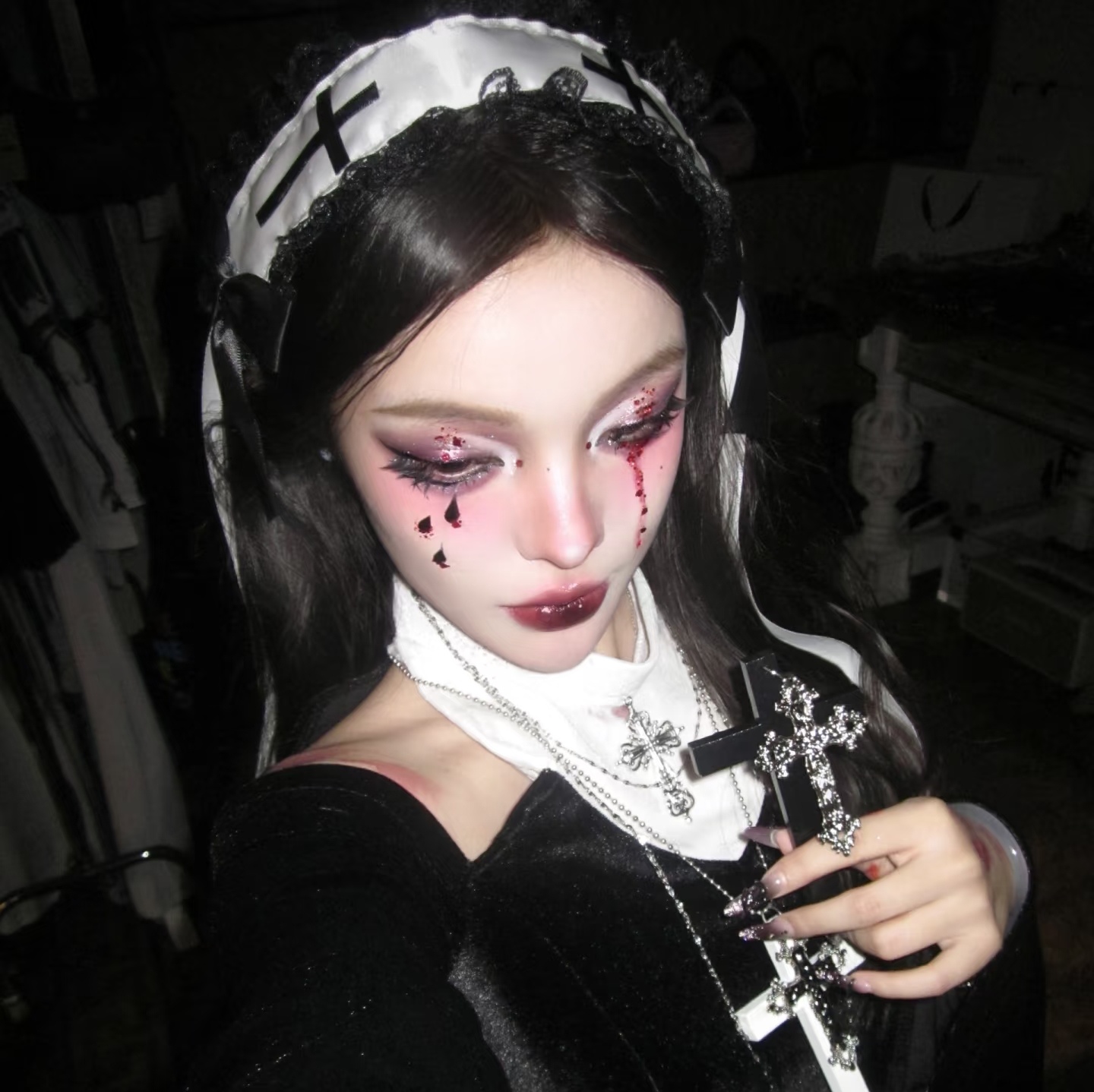 万圣节暗黑哥特风修女头饰黑白Lolita复古十字架发带cos亚比发饰