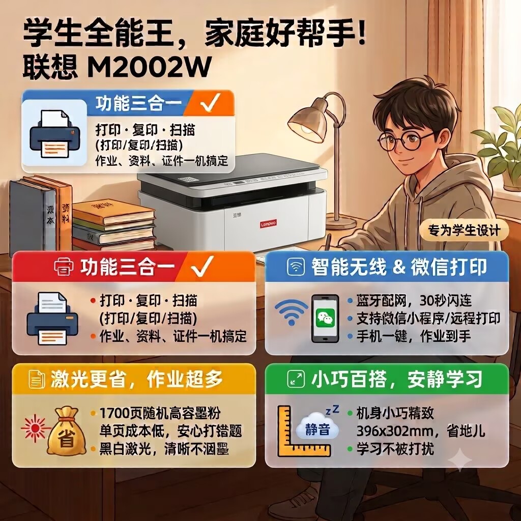 联想M2002w激光打印复印扫描