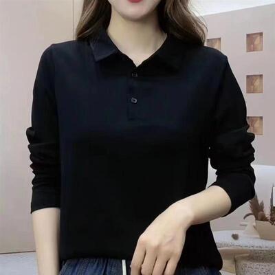 春秋季长袖T恤女士polo衫翻领百搭打底妈妈装宽松显瘦减龄上衣女
