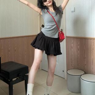 上衣服 小个子圆领高腰修身 艺点靓灰色辣妹正肩短袖 显瘦T恤女夏季