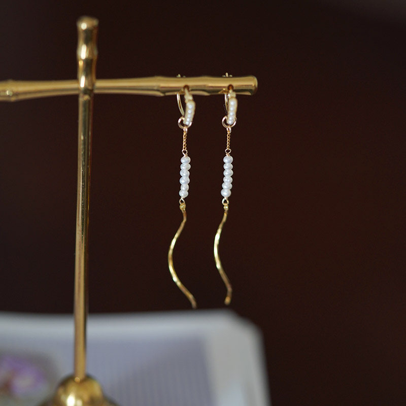 日系aget风珍珠豆荚迷你一字复古宫廷耳环925纯银镀14K金耳扣女