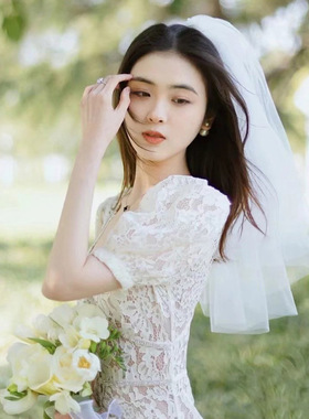 登记领证小头纱法式头饰品简约短款双层新娘结婚拍照白色婚纱发夹