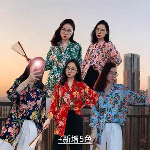 年会搞笑服装姐妹聚会搞笑服装复古港风花衬衫8090怀旧成人晨袍
