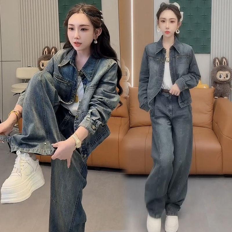 美式复古牛仔套装女春季新款气质翻领外套上衣搭配阔腿裤两件套女