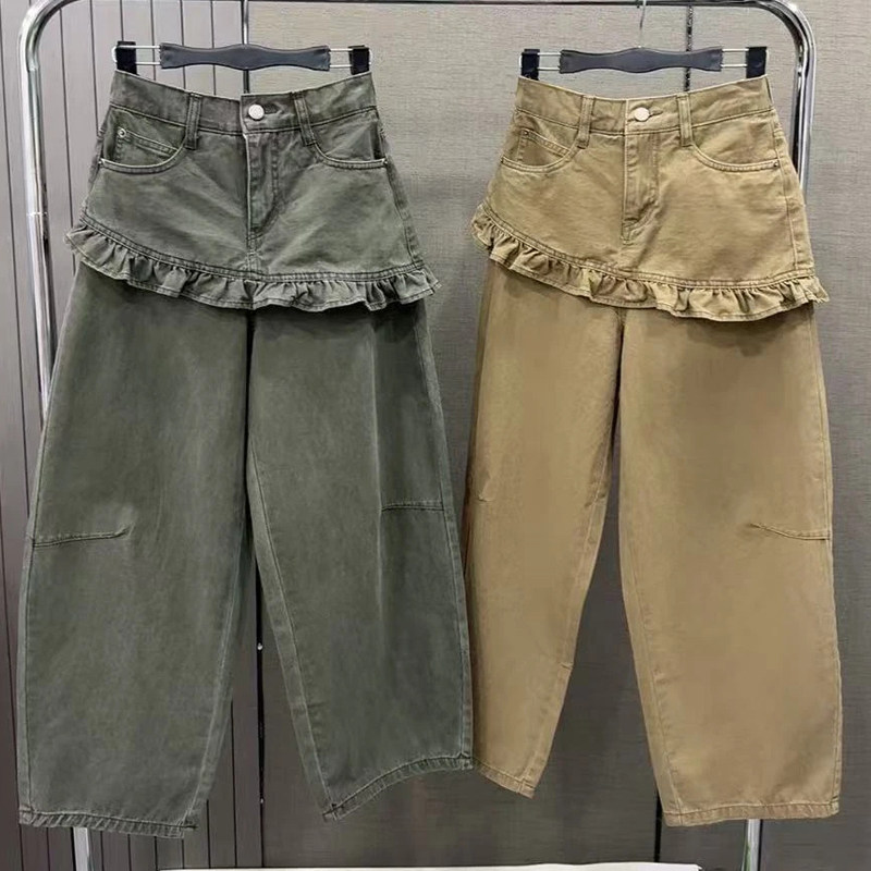 高腰假两件荷叶边休闲裤女2026秋季新款宽松显瘦九分牛仔裤裙韩版