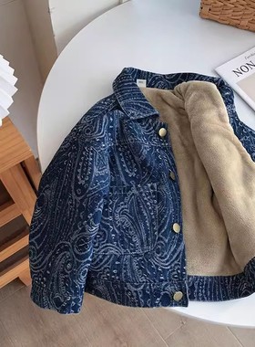 boy denim plush jacket children's coat overcoat winter warm