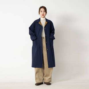 西河自制春秋新品 简约做旧120支纸感棉两面穿中长风衣纯棉外套