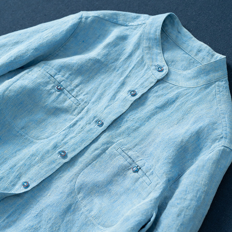 立领双色纱色织莼亚麻简约衬衫女