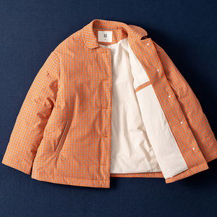 西河自制冬新色织精密莼棉里布棉95白鹅绒格子短款羽绒服女