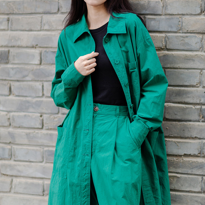西河自制原创春夏水洗做旧高密帆布纸感棉薄廓形风衣外套女深碧色
