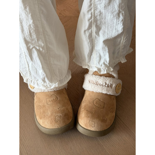 路十三可爱猫咪加绒勃肯鞋女2025冬季新款厚底雪地靴加厚保暖棉鞋