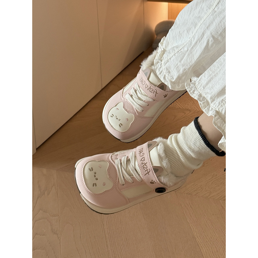 路十三粉色卡通猫咪女鞋2025冬季新款休闲软底板鞋百搭休闲小白鞋