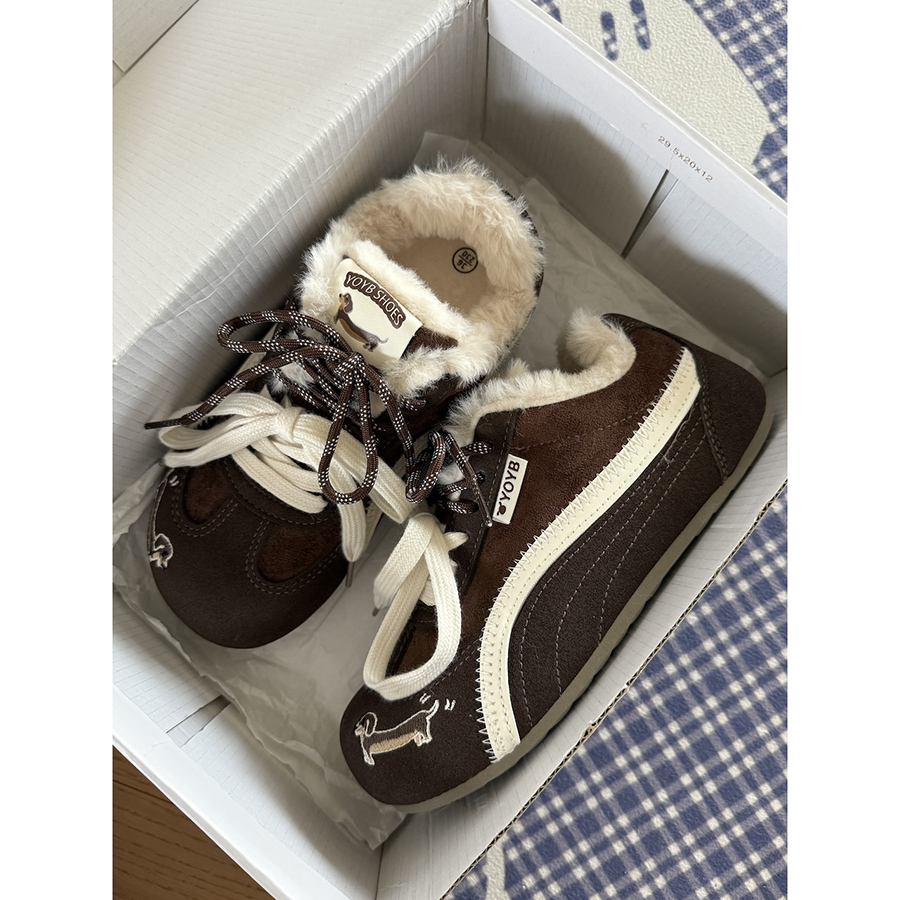 棕色腊肠狗加绒德训鞋子女冬2025新款爆款保暖棉鞋软底不累脚女鞋