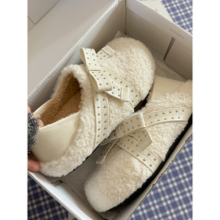路十三白色复古加绒毛毛鞋女2026冬季懒人一脚蹬毛毛鞋豆豆棉鞋