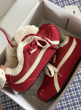 秋冬加绒红色苹果德训鞋女2025新款保暖棉鞋复古百搭休闲冬天鞋子