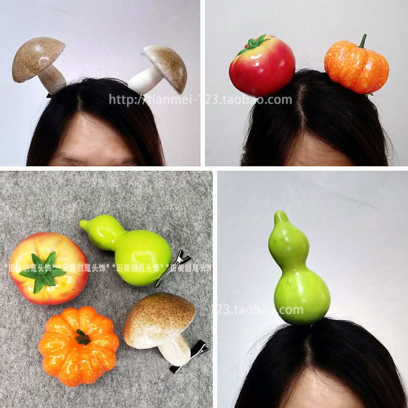 立体主播蘑菇蒜头番茄水蜜桃子柠檬草莓仿真蔬菜水果头饰发卡发夹
