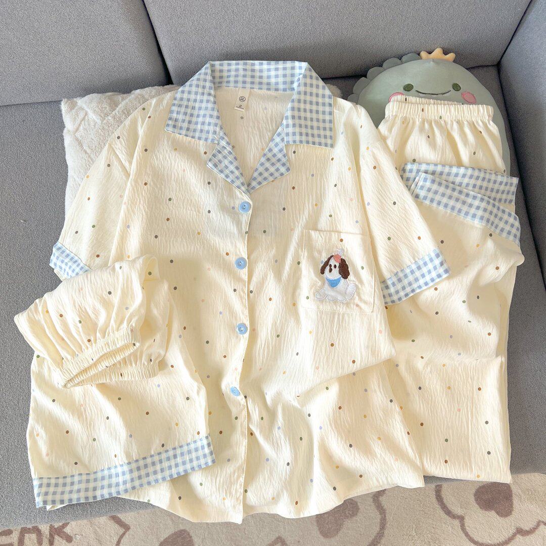 韩系甜美睡衣女夏季薄款云朵棉透气亲肤卡通风可外穿家居服三件套