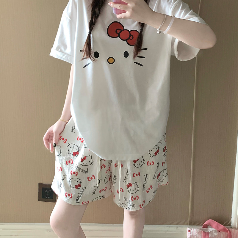 日系可爱红色kitty猫睡衣女款夏季薄款短袖短裤可外穿休闲家居服