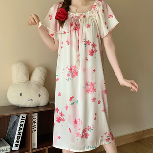 睡衣女款2026新款夏季韩系冰丝睡裙方领碎花宽松落肩居家连衣裙子