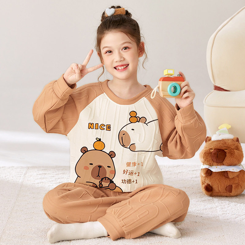 女童睡衣卡皮巴拉儿童三层空气夹棉秋冬季卡通女孩保暖家居服套装,童装/婴儿装/亲子装,家居服套装,淘宝优惠券,粉丝福利购,淘宝优惠卷