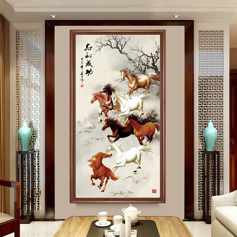 5d八马骏图钻石画新款八匹马竖版马到成功贴粘点钻十字绣满钻玄关