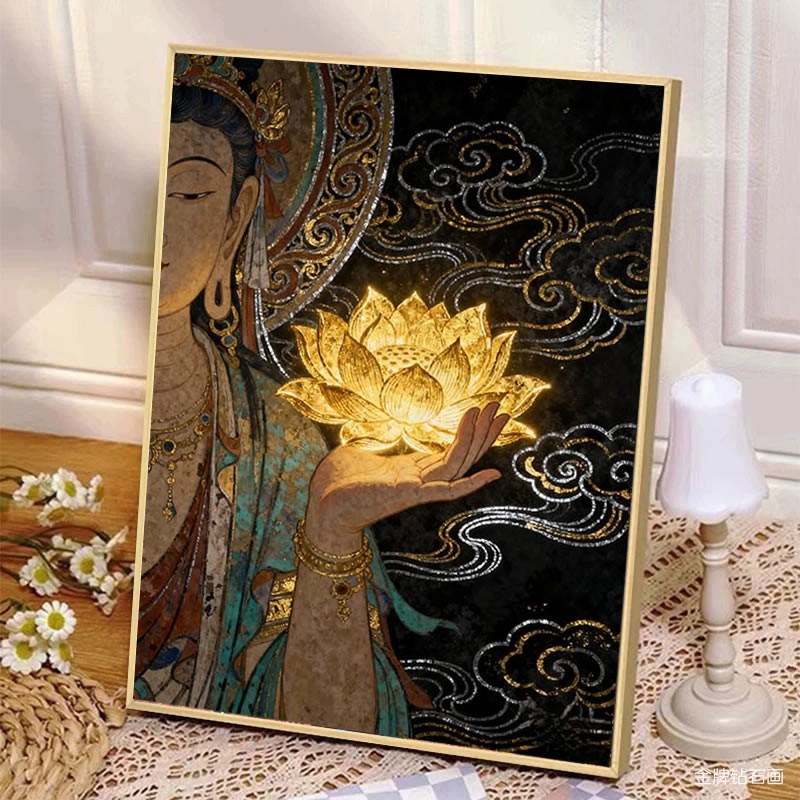 敦煌观音像钻石画佛手生莲赐福禅意点钻十字绣满钻贴钻画佛系唐卡