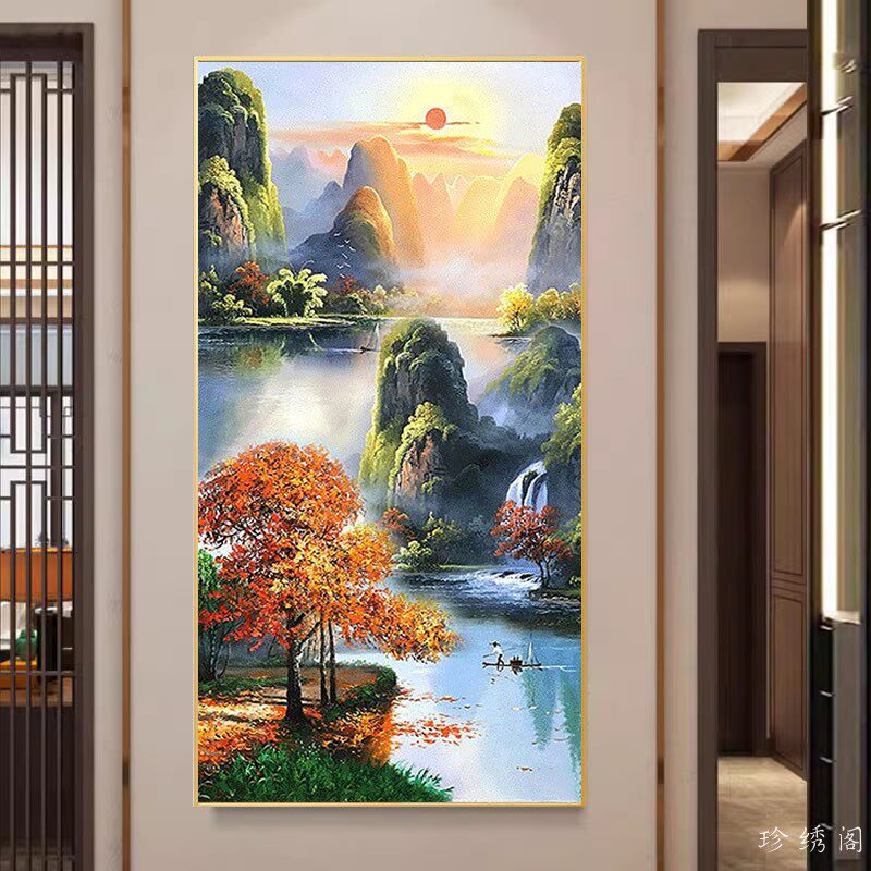 5d山水图钻石画玄关入户正对门满钻新款竖版风景粘贴砖点钻十字绣