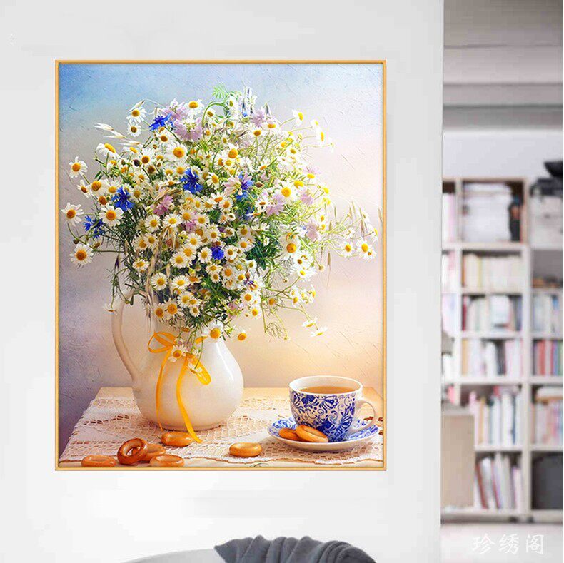 5d餐厅钻石画手工diy满钻清新植物花卉贴钻十字绣客厅雏菊插花瓶