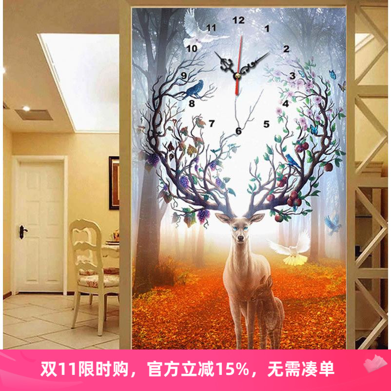 5d挂钟表2025新品钻石绣满钻发财鹿客厅竖版粘贴点钻十字绣砖石画