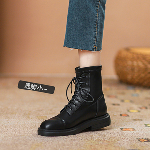 春秋百搭英伦风小个子厚底短靴显脚小瘦瘦靴 真皮马丁靴女2025新款