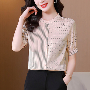 RM12822#夏季大码短袖圆点印花立领桑蚕丝减龄女士衬衫百搭真丝上衣