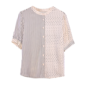 RM12822#夏季大码短袖圆点印花立领桑蚕丝减龄女士衬衫百搭真丝上衣