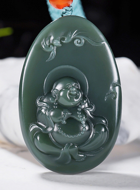 特细沙枣青油润精雕新疆和田玉挂件玉坠 笑佛 弥勒佛 17.29克
