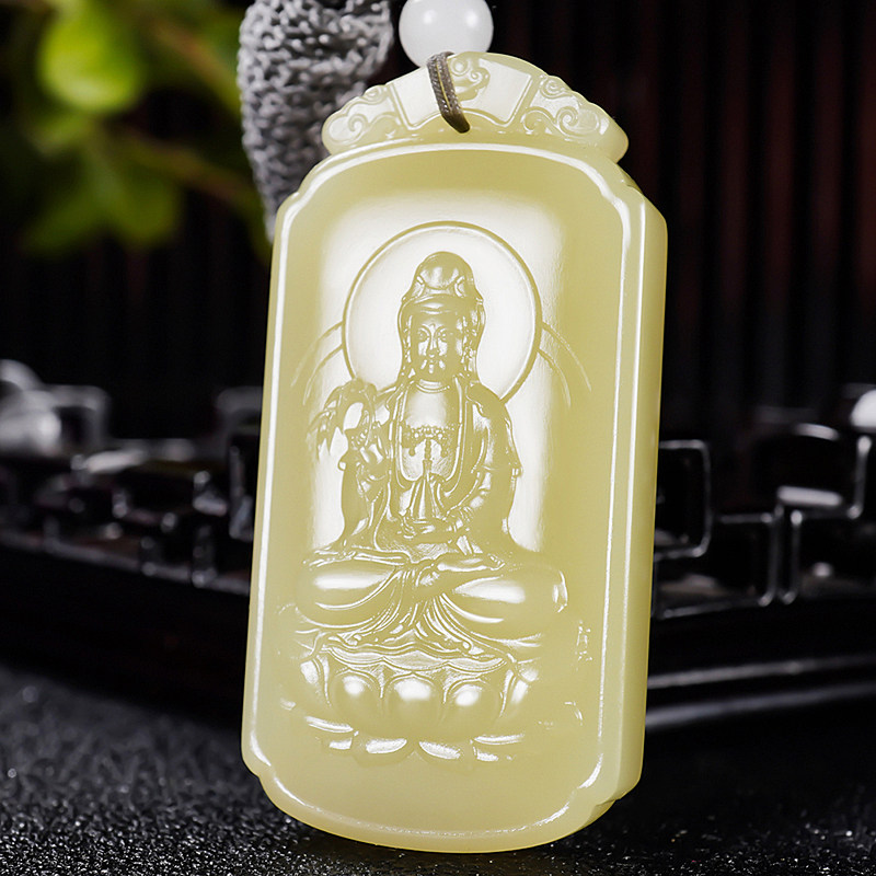 颜色黄手工雕刻新疆若羌料和田玉黄玉玉牌挂件玉坠精品观音31克