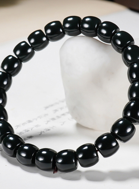 特色精工直切油润细料新疆和田玉黑青手链手串直径8*9mm 重量29克