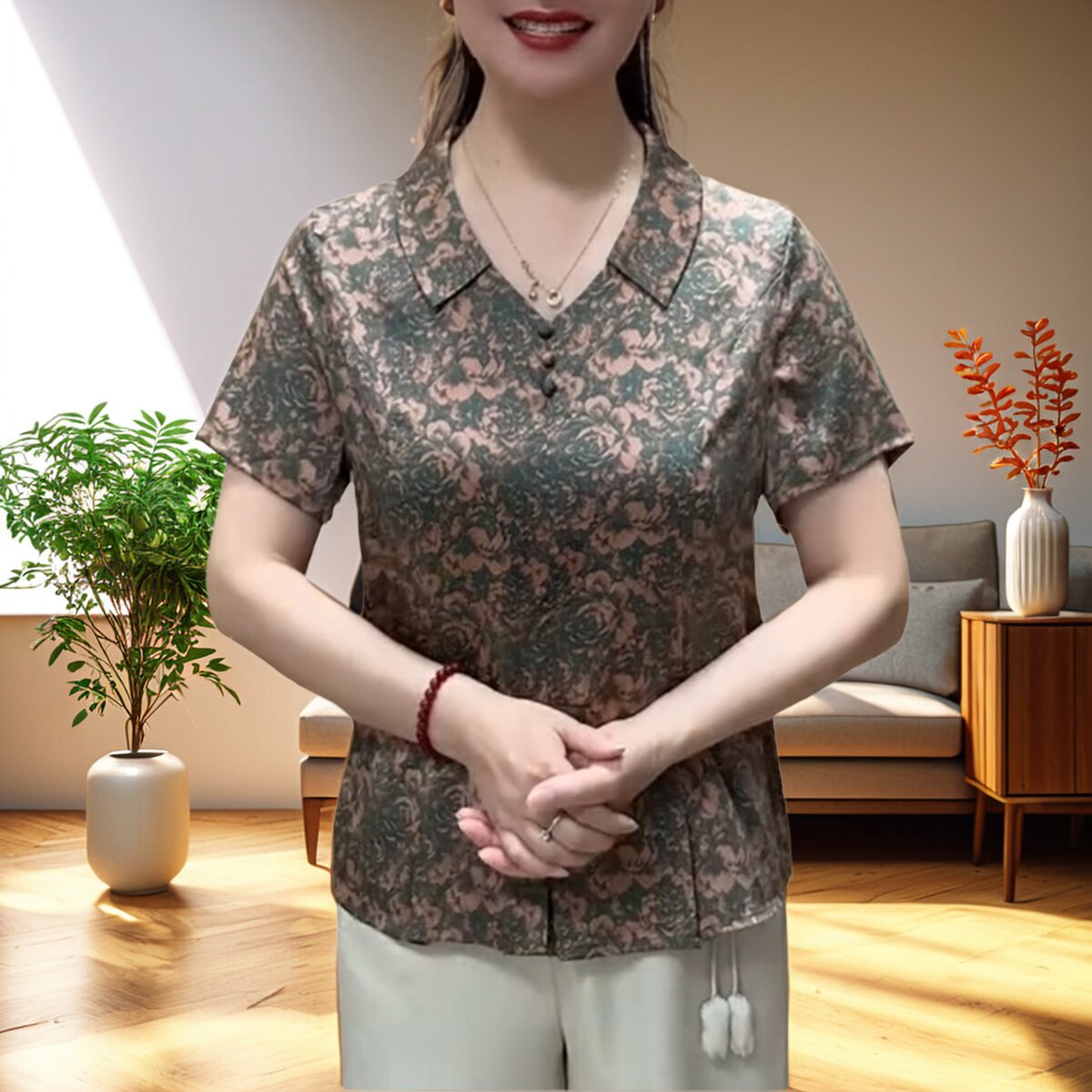 夏季真丝妈妈上衣短袖V领小衫显瘦百搭T恤衫大码奶奶装套头花衬衫