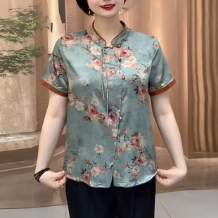 老年人夏装短袖衬衫女款大码妈妈碎花上衣新中式中国风小衫旗袍衫