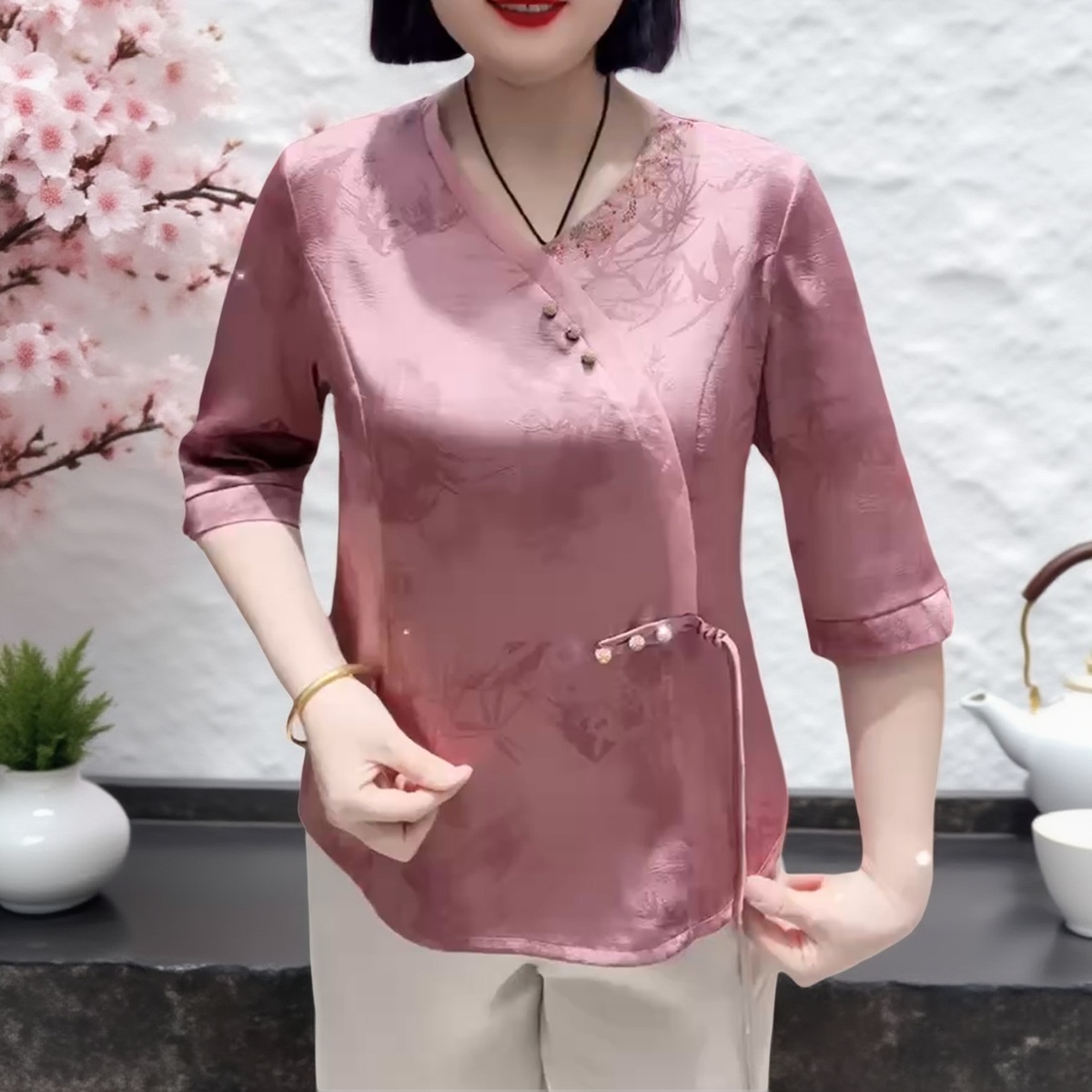 中老年夏季女装短袖真丝小衫百搭