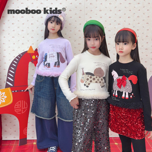 墨宝童装_马年系列的加绒发热绒好穿的蕾丝拼接小马印花打底衫