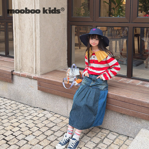 MoobooKids_polo撞色针织领子红白条纹长袖+日系重工拼接牛仔裙
