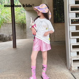墨宝_女童夏季套装简约彩色印花熊白T+超舒服的天丝粉色压褶短裤