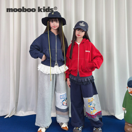 墨宝童装 MoobooKids_蓝红两色撞明线双头拉链短款运动卫衣外套