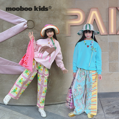 墨宝童装_早春粉小马卫衣+蓝小马卫衣+两色直筒印花裤缤纷假日风