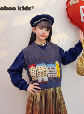墨宝童装 MoobooKids_深蓝色拼金丝线全手工钩花毛衣马甲