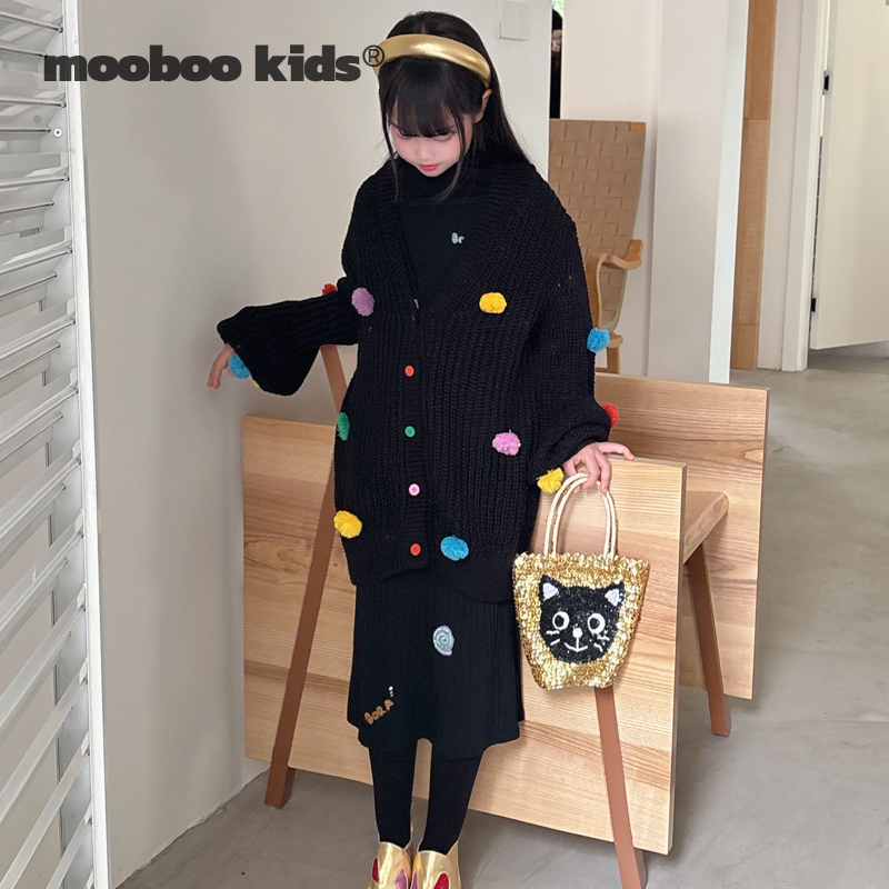 墨宝童装_彩色球金丝线毛衣开衫+手工吊带裙+堆堆领针织打底衫