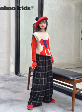 墨宝童装MoobooKids_日系格纹可拆卸两穿阔脚裤24秋新款+围裙屁帘