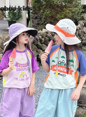 墨宝童装_女童短t恤2024新款拼接透气孔印花T（蓝色，紫色，白色