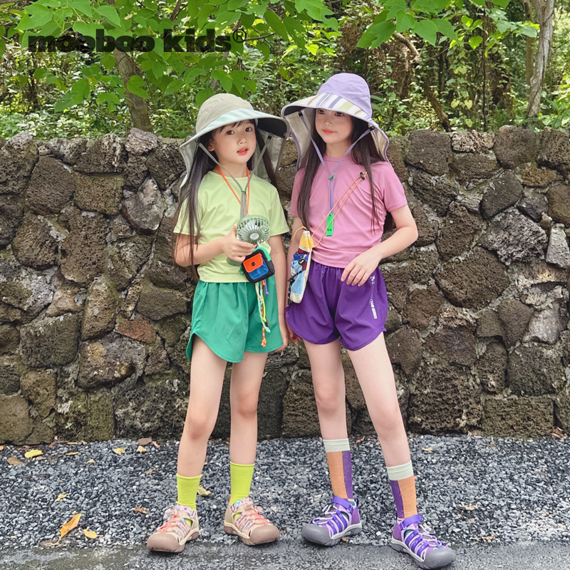 墨宝童装_新款夏女童鲨鱼皮瑜伽塑形抽褶短T恤户外运动套装防晒